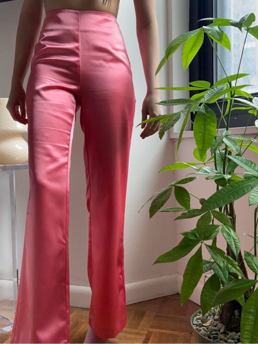 High-Rise Satin Wide-Leg Pants - Pink